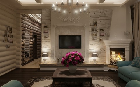 Дизайн гостиной в доме из бревна