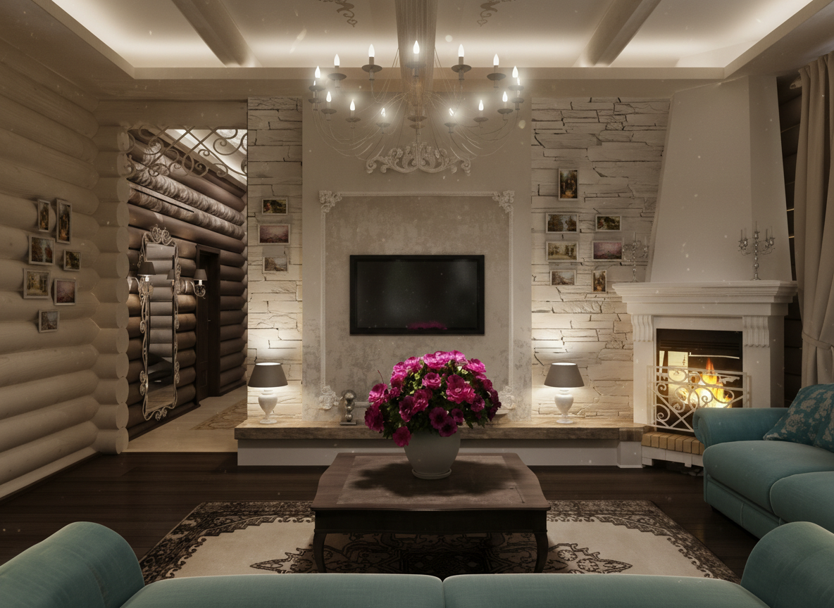 Дизайн гостиной в доме из бревна